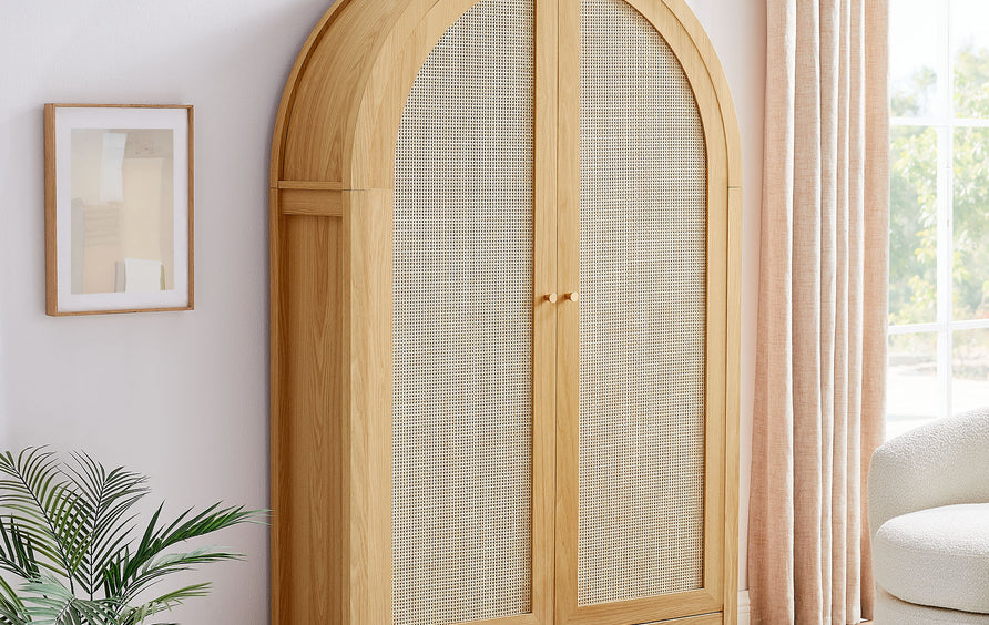 Etesian 63 Inch Arched Storage Cabinet With Folding Desk in Oak