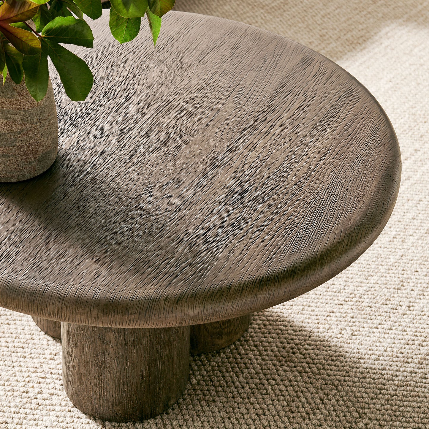 Godello 31 Inch Round Indoor and Outdoor Patio Coffee Table in Weathered Walnut