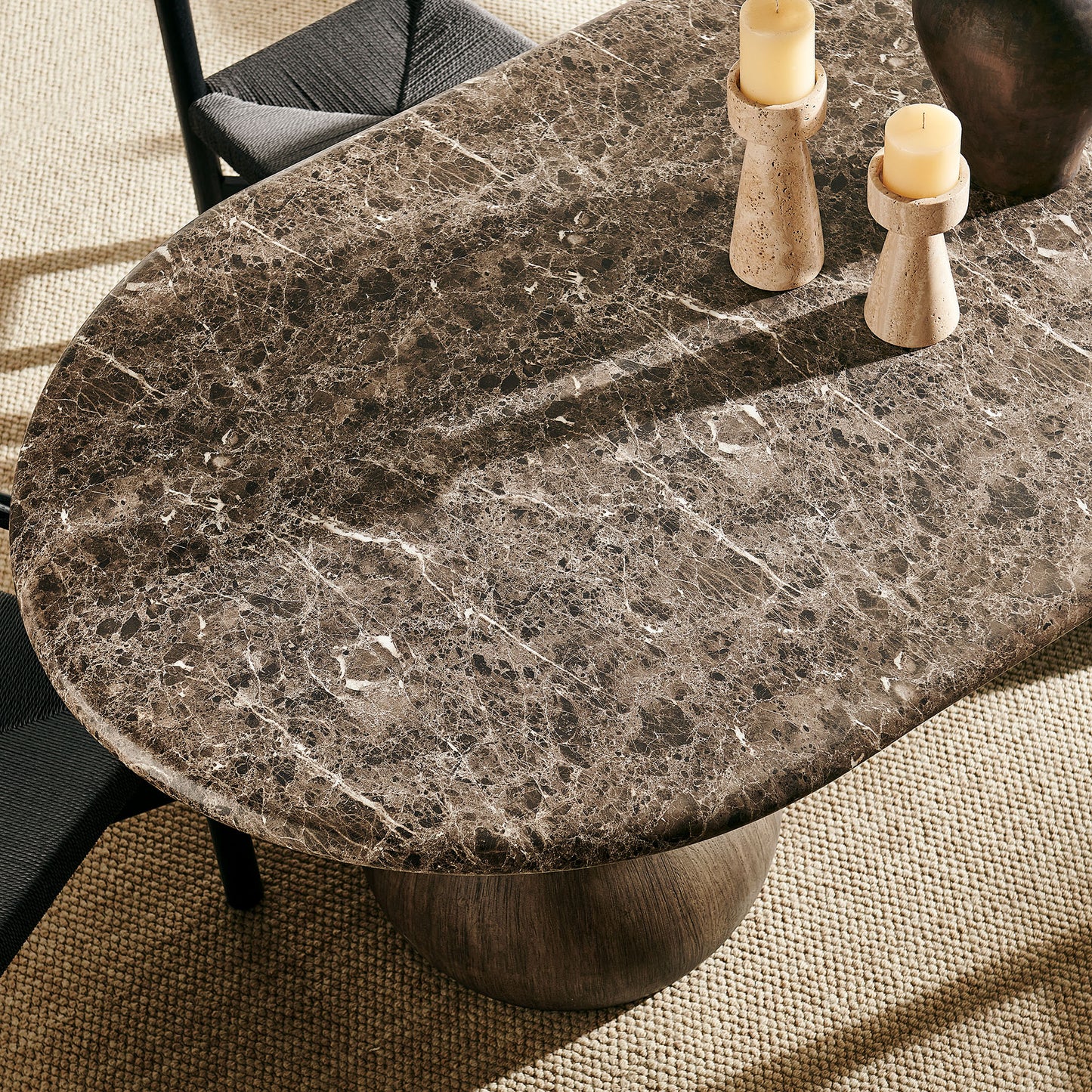 Chenille Indoor Outdoor Patio Oval Dining Table in Dark Emperador Marble