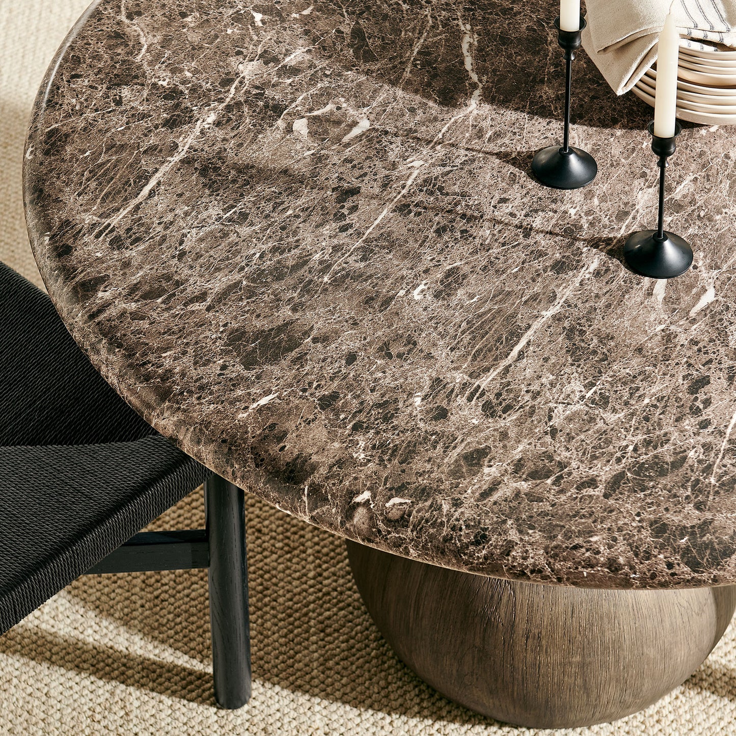 Chenille Indoor Outdoor Patio Round Dining Table in Dark Emperador Marble