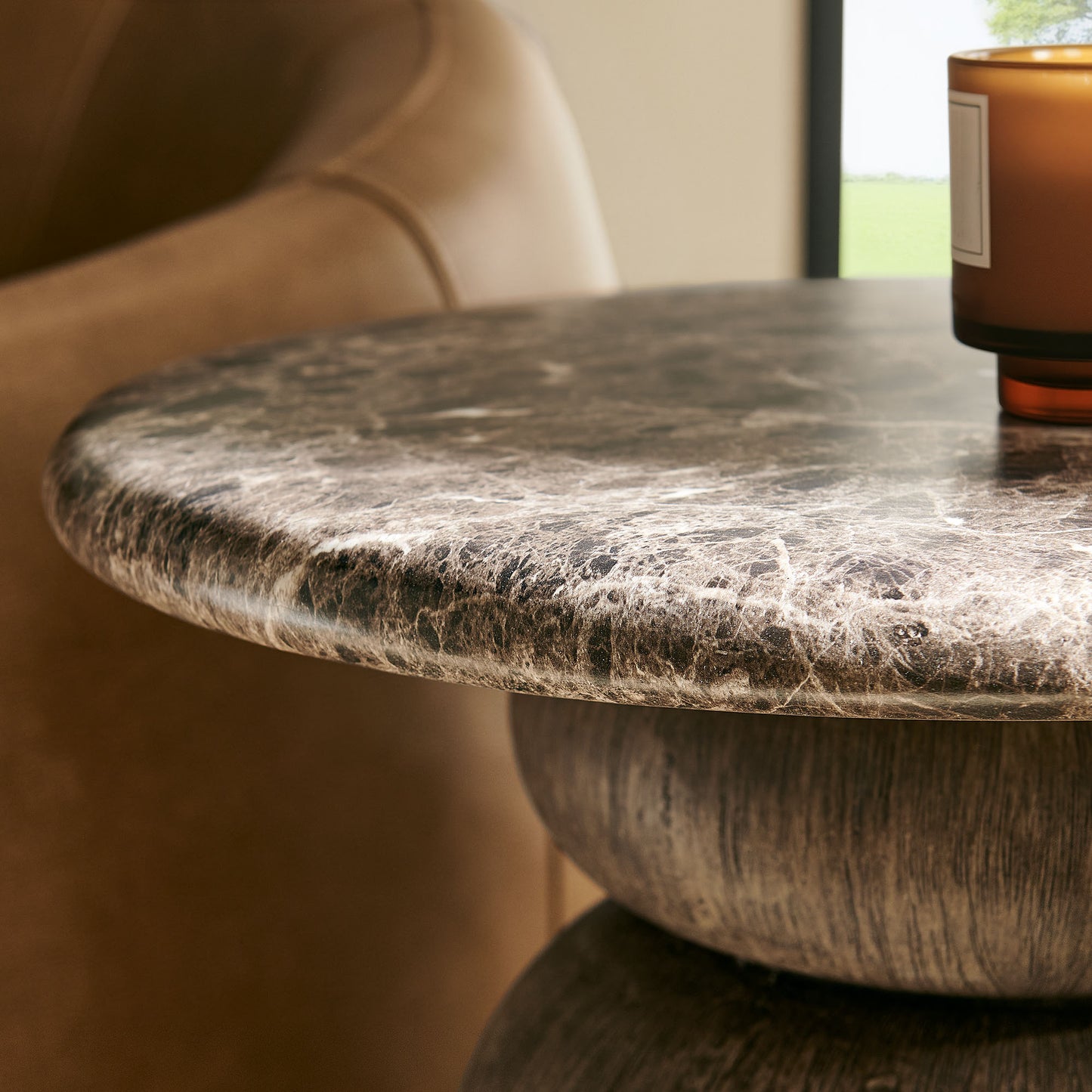 Chenille Indoor Outdoor Patio Round Side Table in Dark Emperador Marble