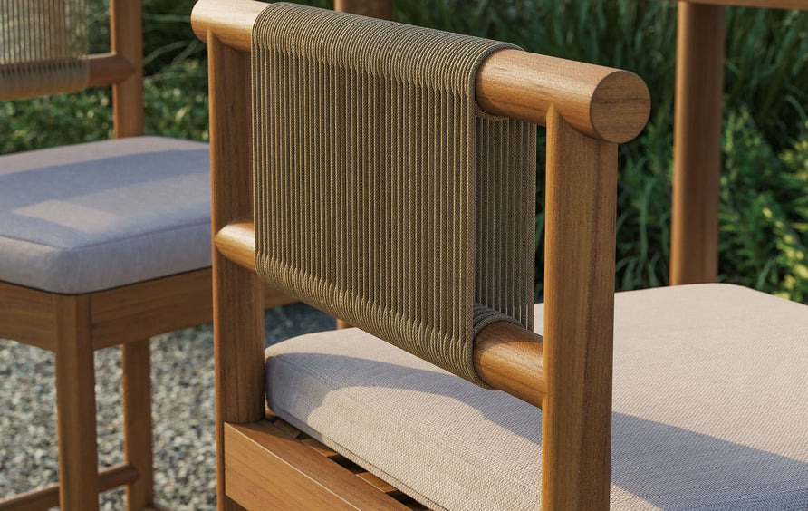 Lyric Outdoor Patio Teak Wood Bar Stools Set of 2 in Natural Sail