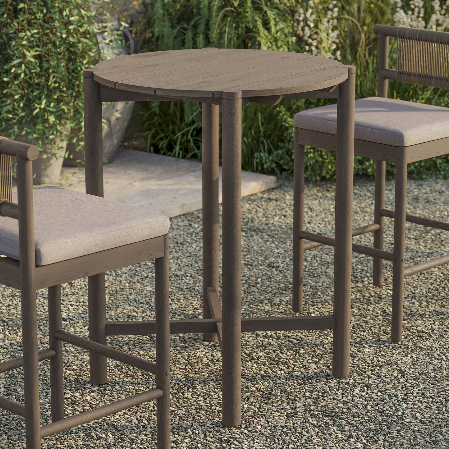 Lyric Round 35 Inch Outdoor Patio Teak Wood Round Bar Table in Weathered Gray Teak