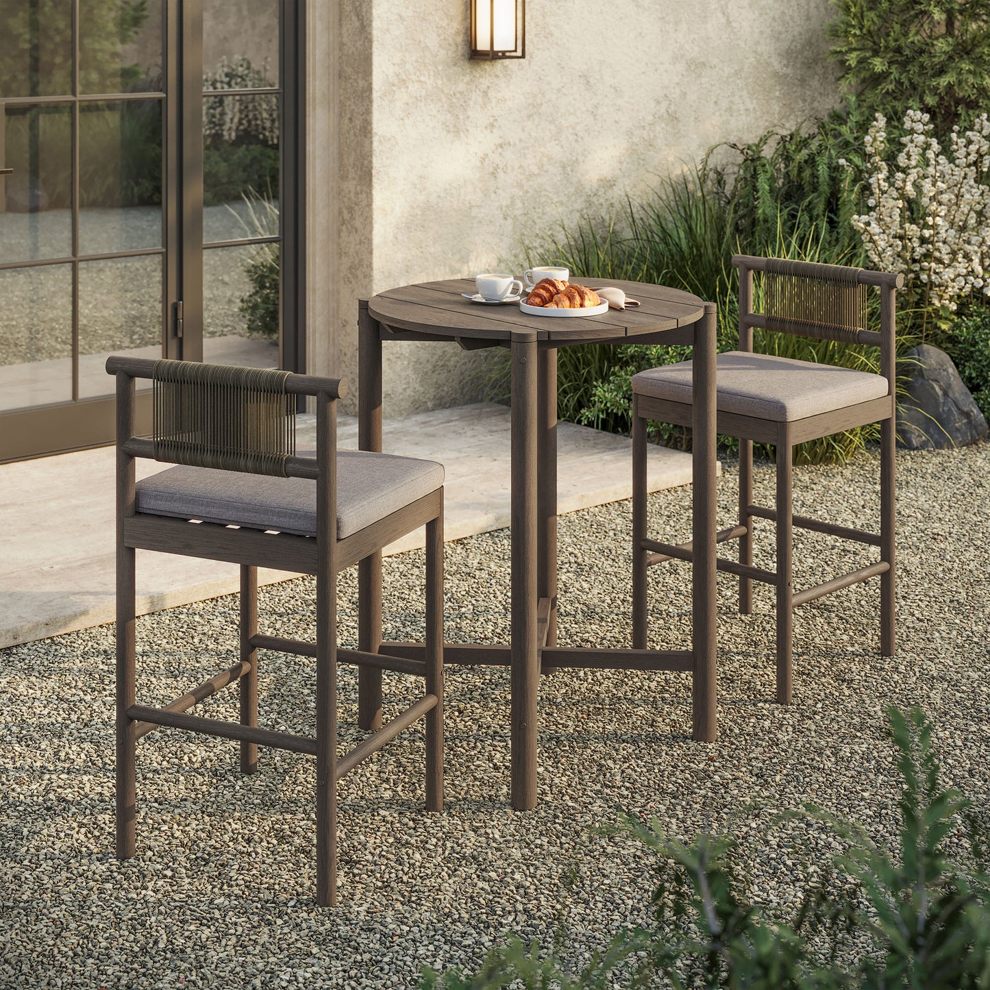 Lyric 3-Piece Outdoor Patio Teak Wood Bar Set in Weathered Gray Pebble