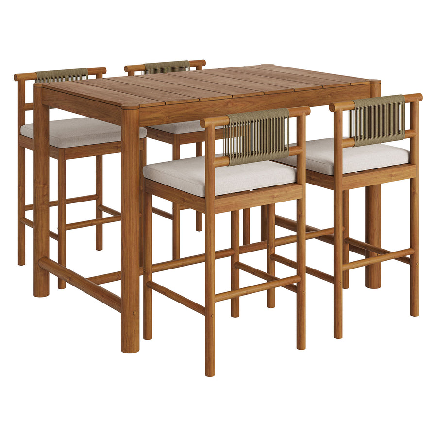 Lyric 5-Piece Outdoor Patio Teak Wood Bar Set in Natural Sail