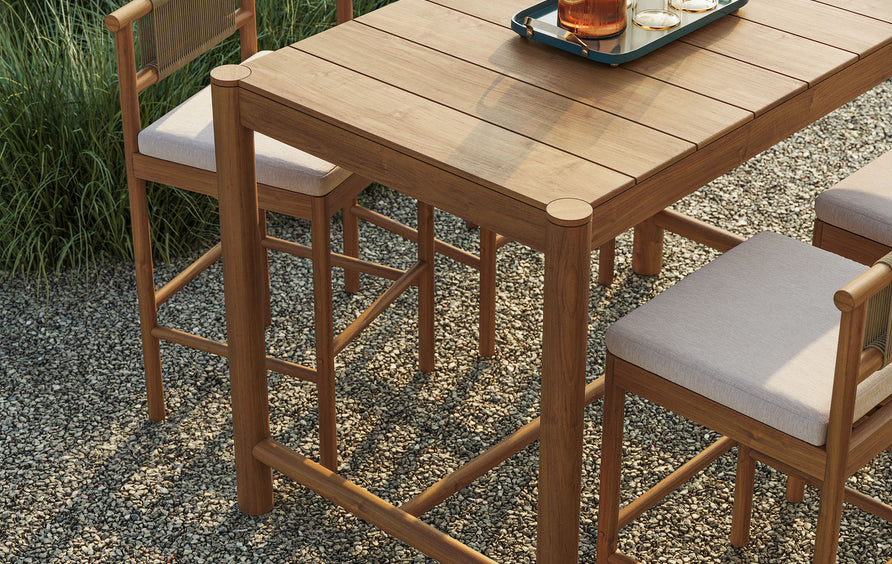 Lyric 5-Piece Outdoor Patio Teak Wood Bar Set in Natural Sail