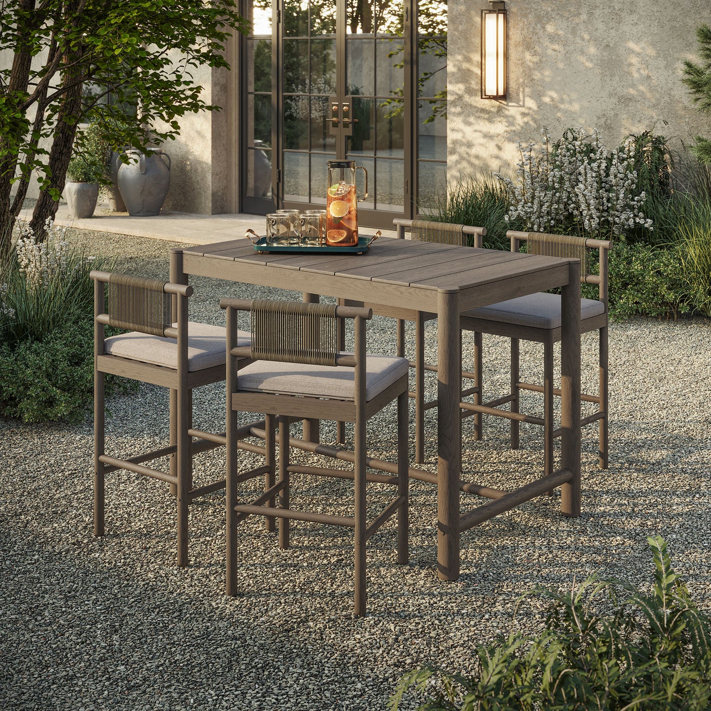 Lyric 5-Piece Outdoor Patio Teak Wood Bar Set in Weathered Gray Pebble