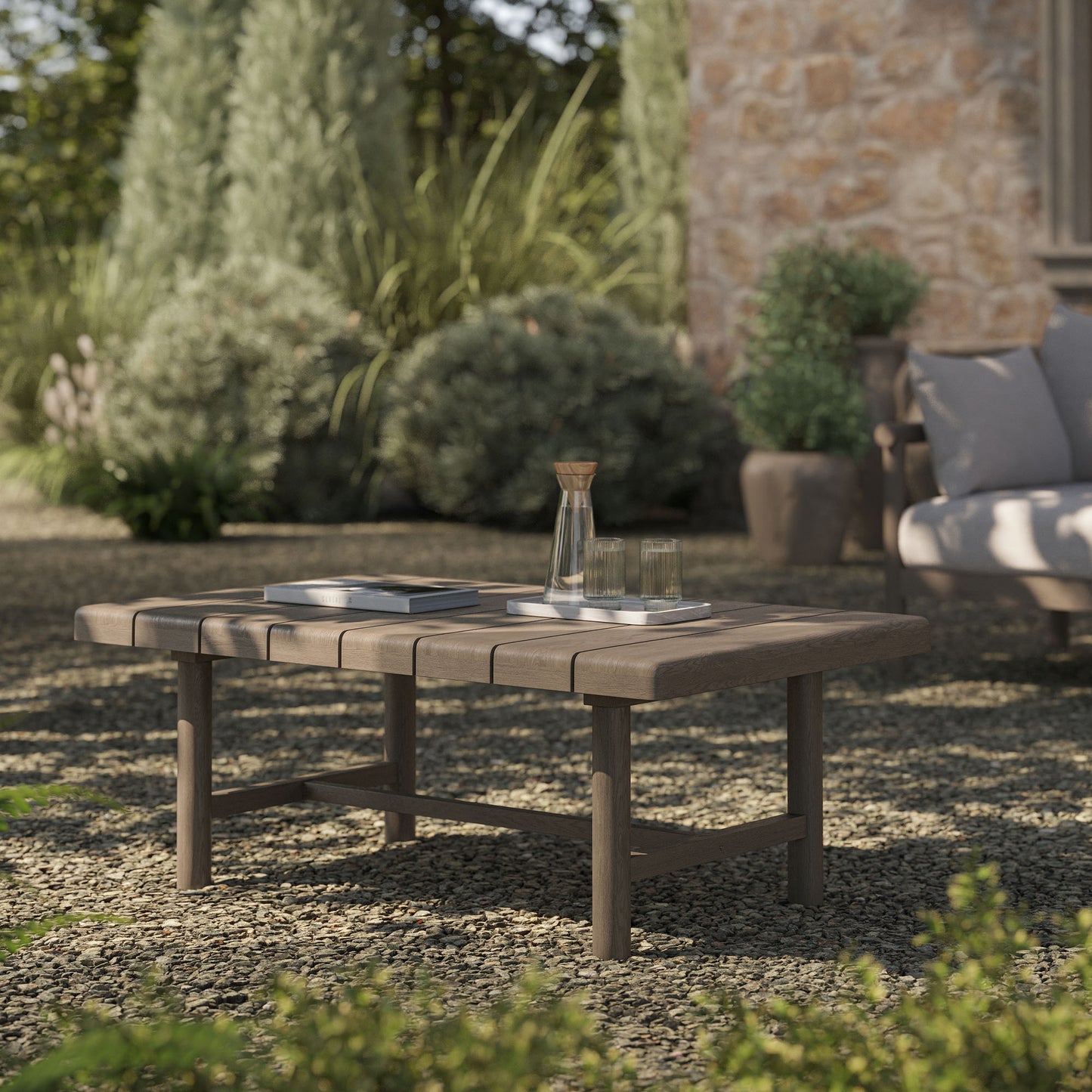 Lyric 41-Inch Outdoor Patio Teak Wood Coffee Table in Weathered Gray Teak