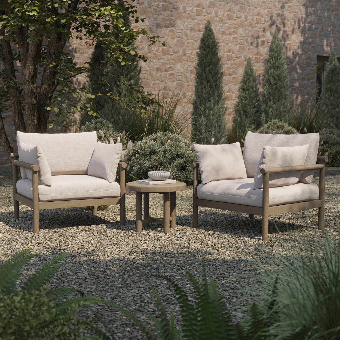 Lyric 3-Piece Outdoor Patio Teak Wood Furniture Set in Weathered Gray Pebble