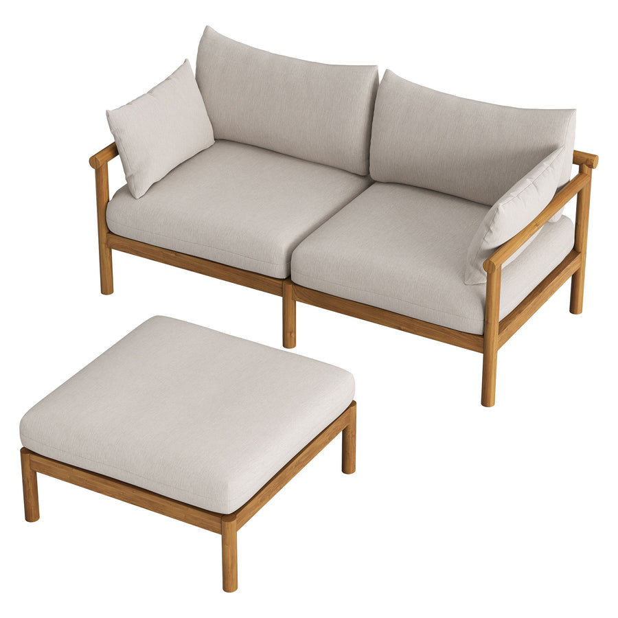 Lyric 2-Piece Outdoor Patio Teak Wood Loveseat with Ottoman Set in Natural Sail