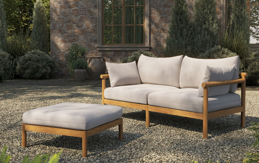 Lyric 2-Piece Outdoor Patio Teak Wood Loveseat with Ottoman Set in Natural Sail