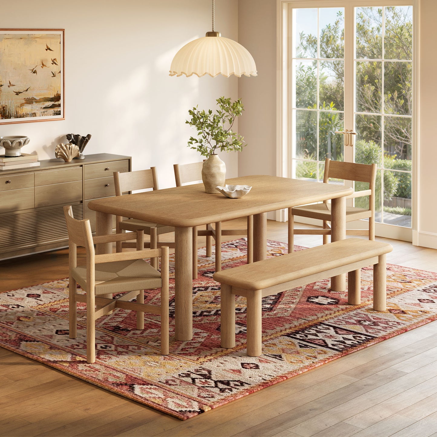 Wells 6-Piece Oak Wood Dining Table and Seating Set in Weathered Oak