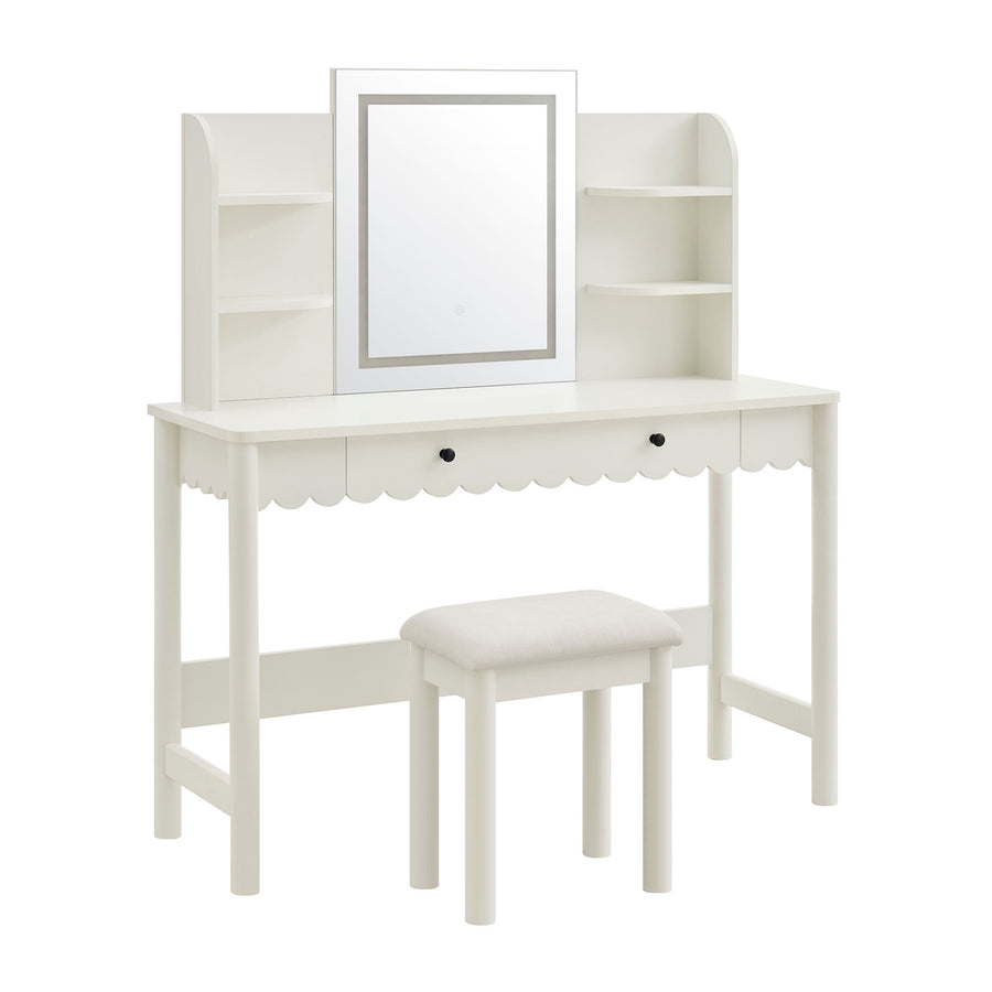 Solstice Scalloped Makeup Vanity Desk With LED Mirror and Stool in White Ivory