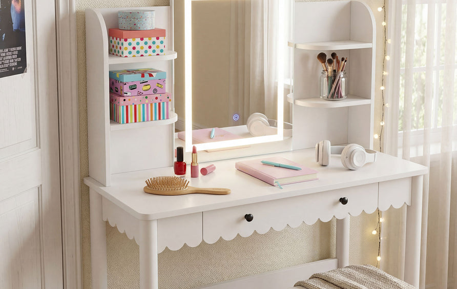Solstice Scalloped Makeup Vanity Desk With LED Mirror and Stool in White Ivory