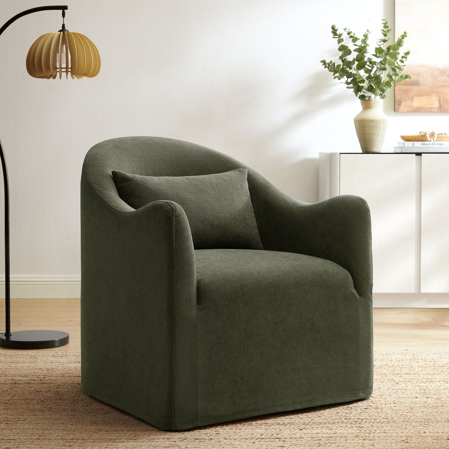 Wicker Slipcovered Linen Blend Accent Chair in Sage