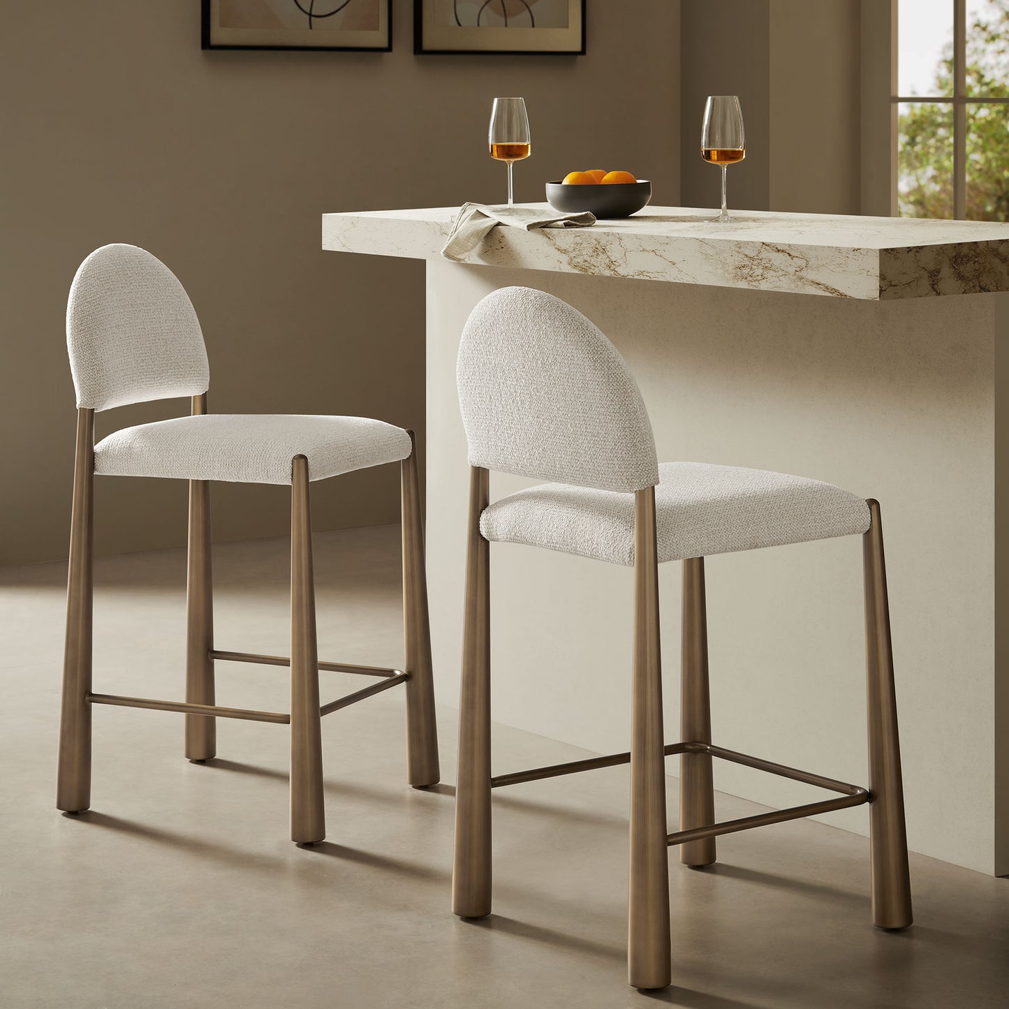 Magnus Upholstered Fabric Counter Stools Set of 2 in Brass Cream