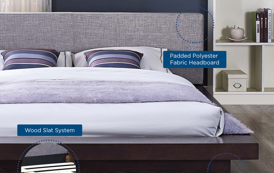 Flynn Fabric Queen Platform Bed in Cappuccino Gray
