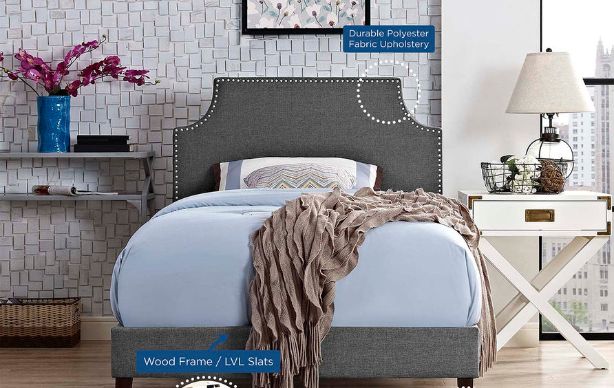 Daphne Fabric Twin Platform Bed with Squared Tapered Legs in Gray