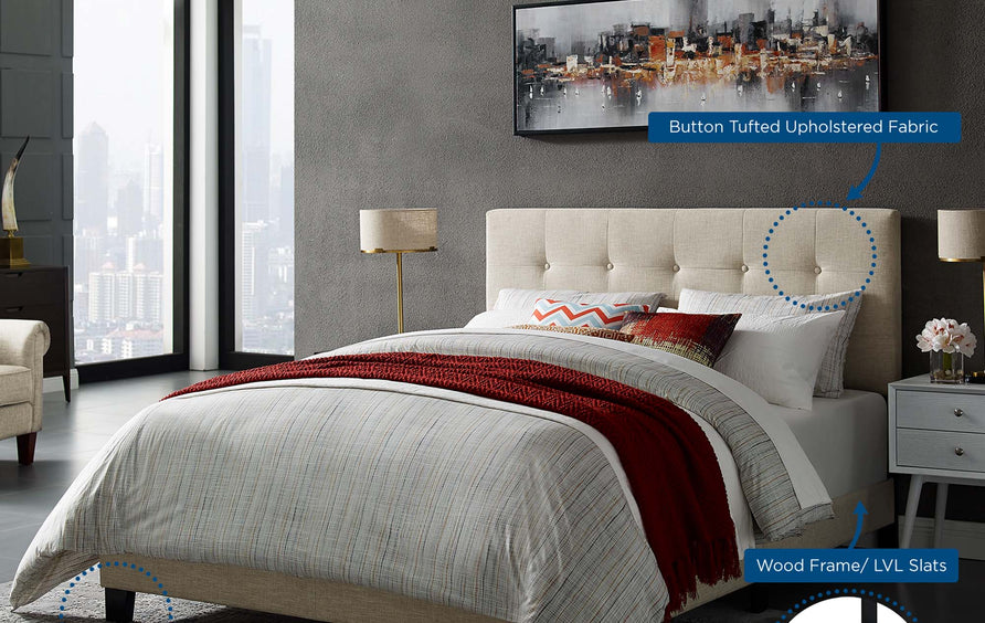 Cottage Upholstered Fabric Queen Bed in Beige
