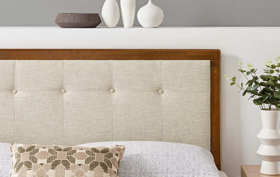 Arch Tufted Fabric and Wood Full Headboard in Walnut Beige