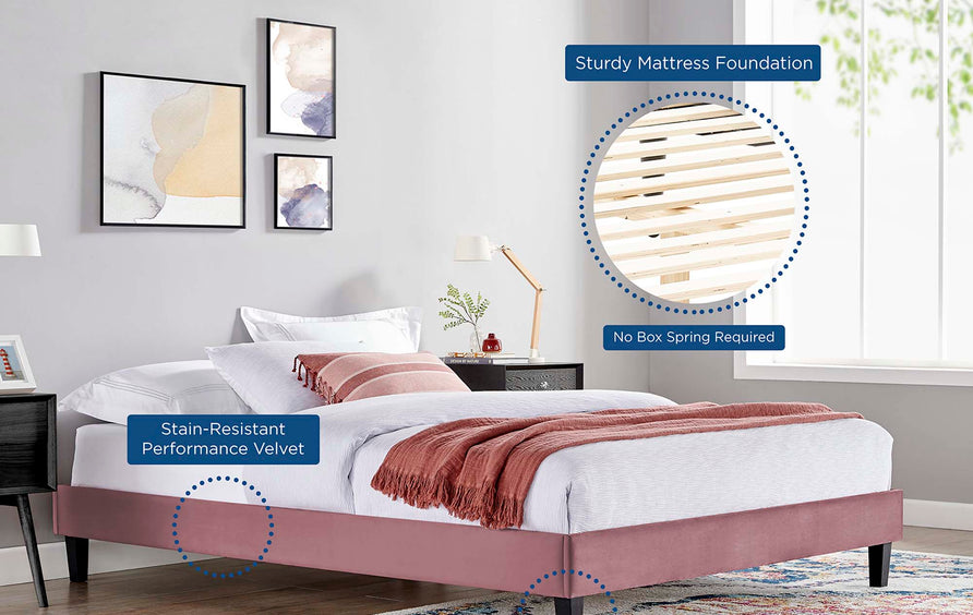 Boucle Performance Velvet King Platform Bed Frame in Dusty Rose