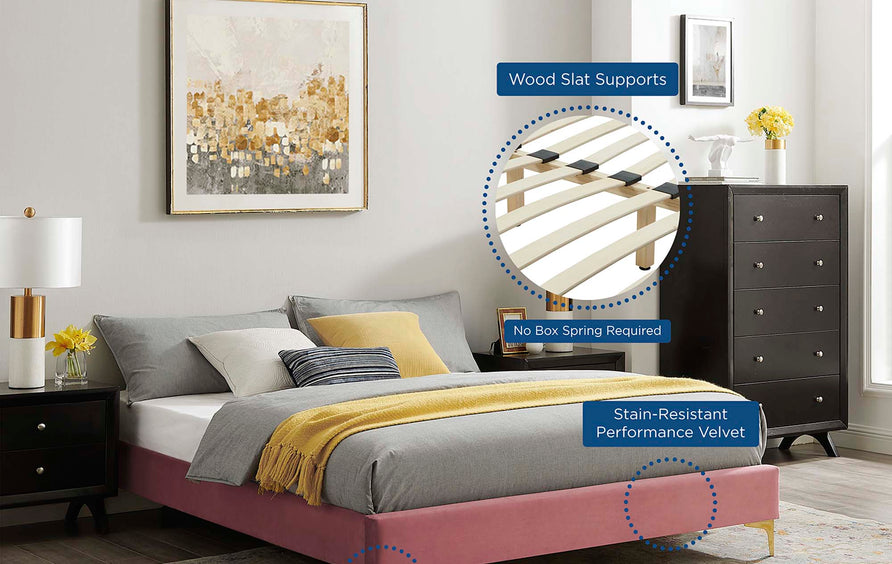 Ochre Performance Velvet Queen Bed Frame in Dusty Rose