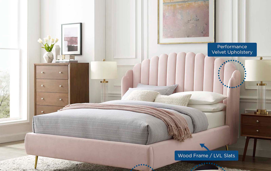 Merida Performance Velvet Queen Wingback Platform Bed in Pink