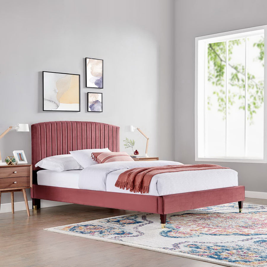 Villa Performance Velvet Queen Platform Bed in Dusty Rose