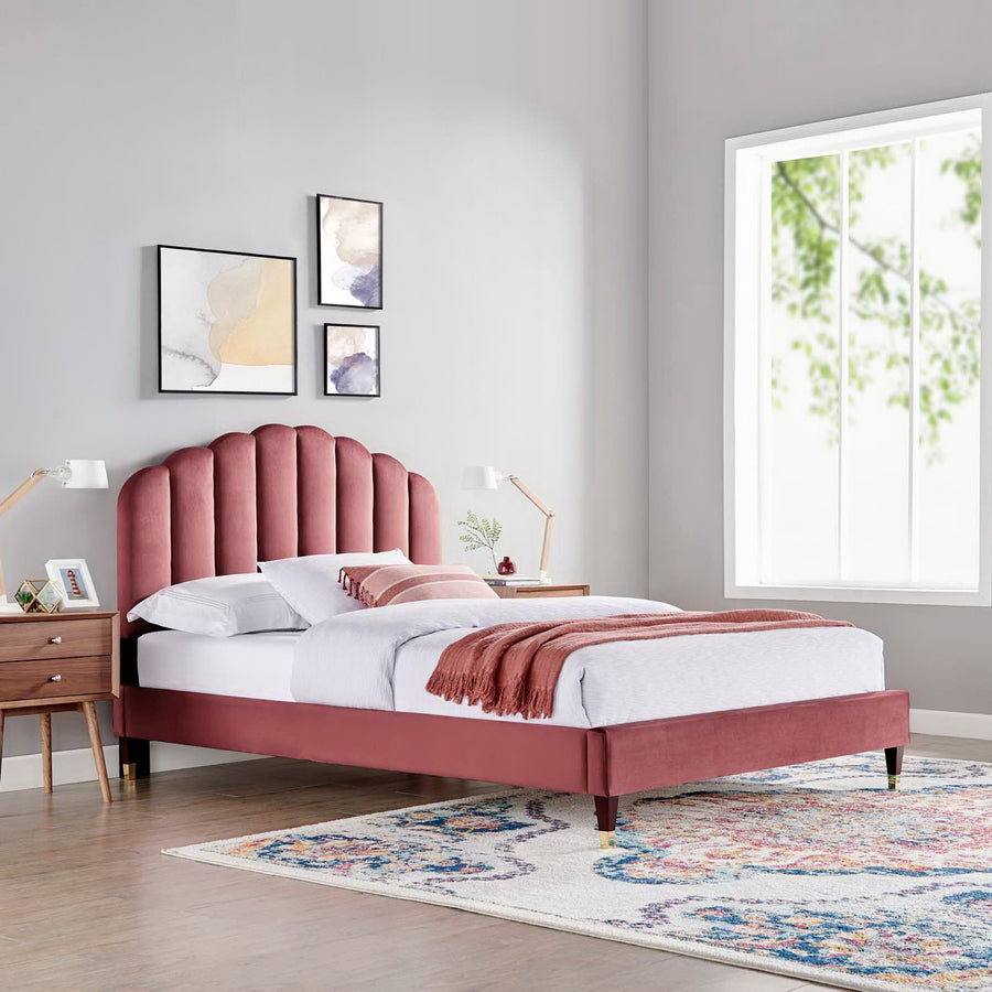 Dome Performance Velvet Queen Platform Bed in Dusty Rose