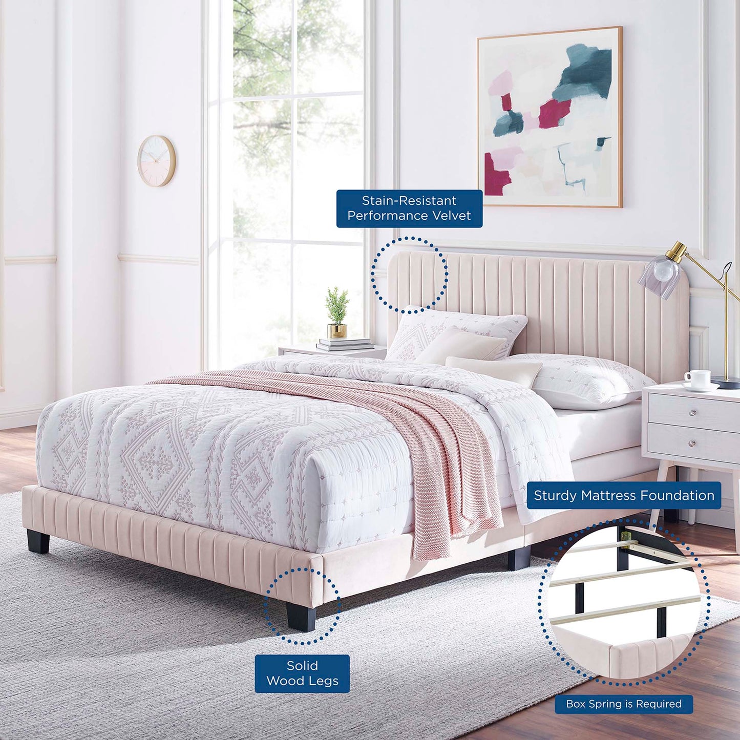 Sutton Channel Tufted Performance Velvet Full Bed in Pink