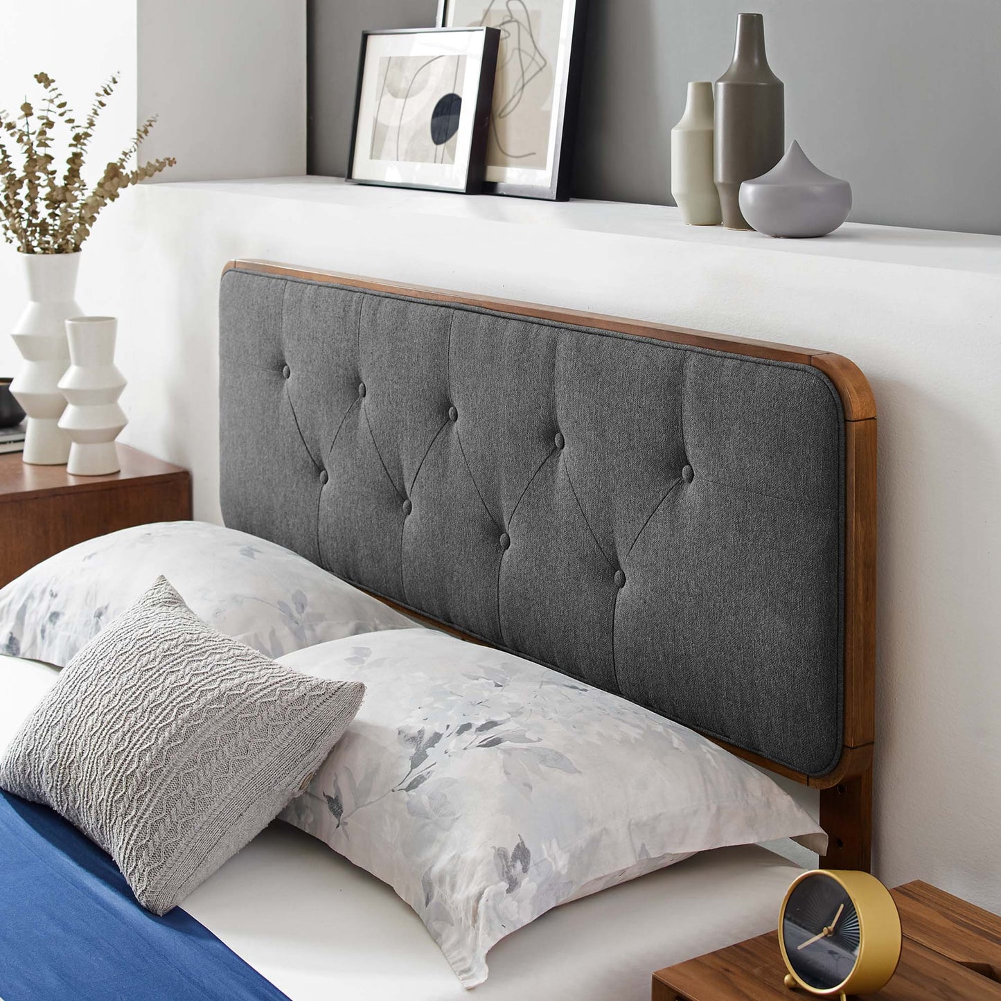 Linen Wood Queen Platform Bed With Angular Frame in Walnut Charcoal