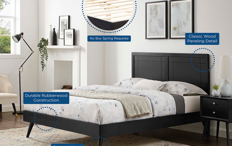 Rattan Wood King Platform Bed With Splayed Legs in Black