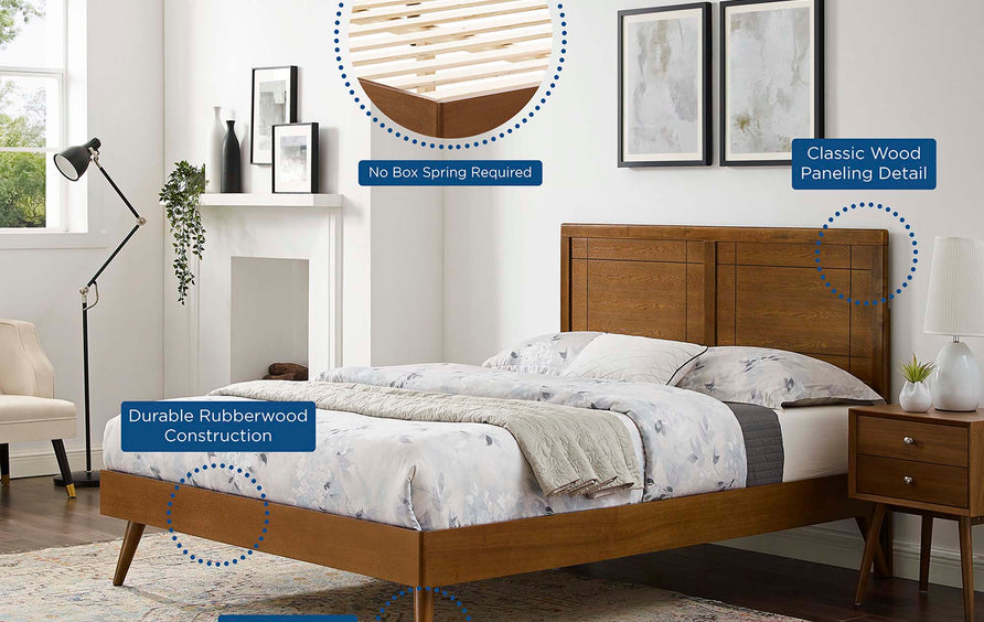 Rattan Wood Twin Platform Bed With Splayed Legs in Walnut