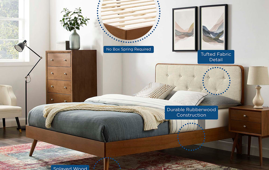 Linen Wood Twin Platform Bed With Splayed Legs in Walnut Beige