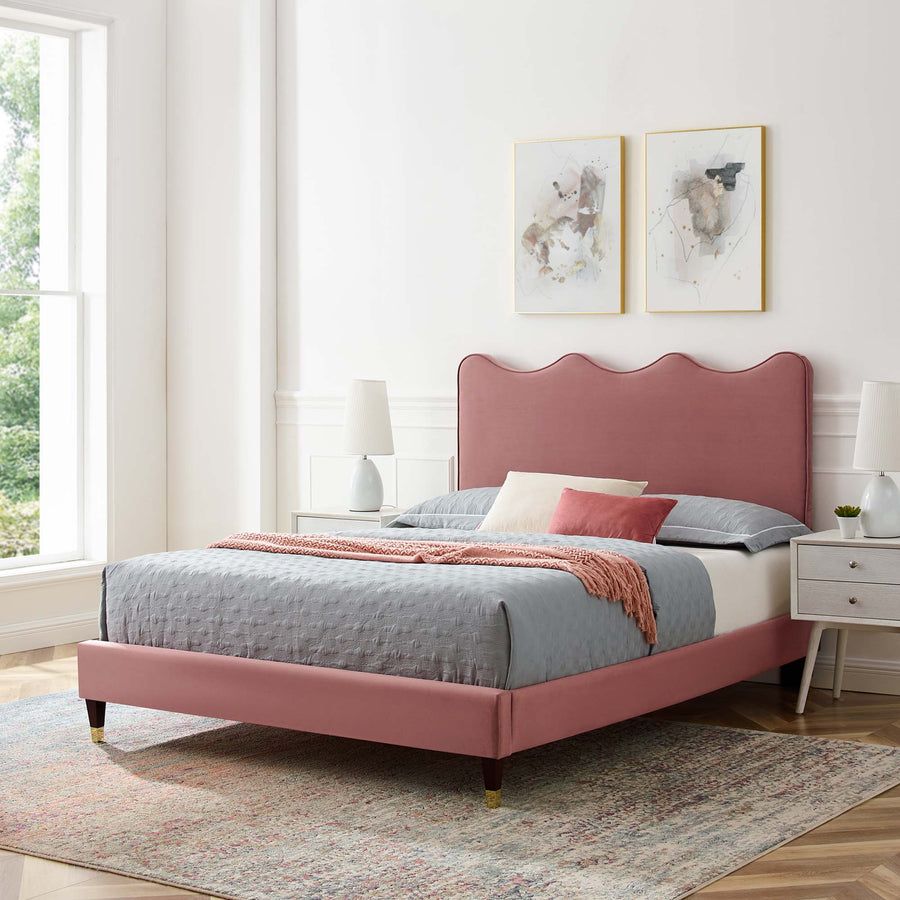 Vega Performance Velvet Queen Platform Bed in Dusty Rose