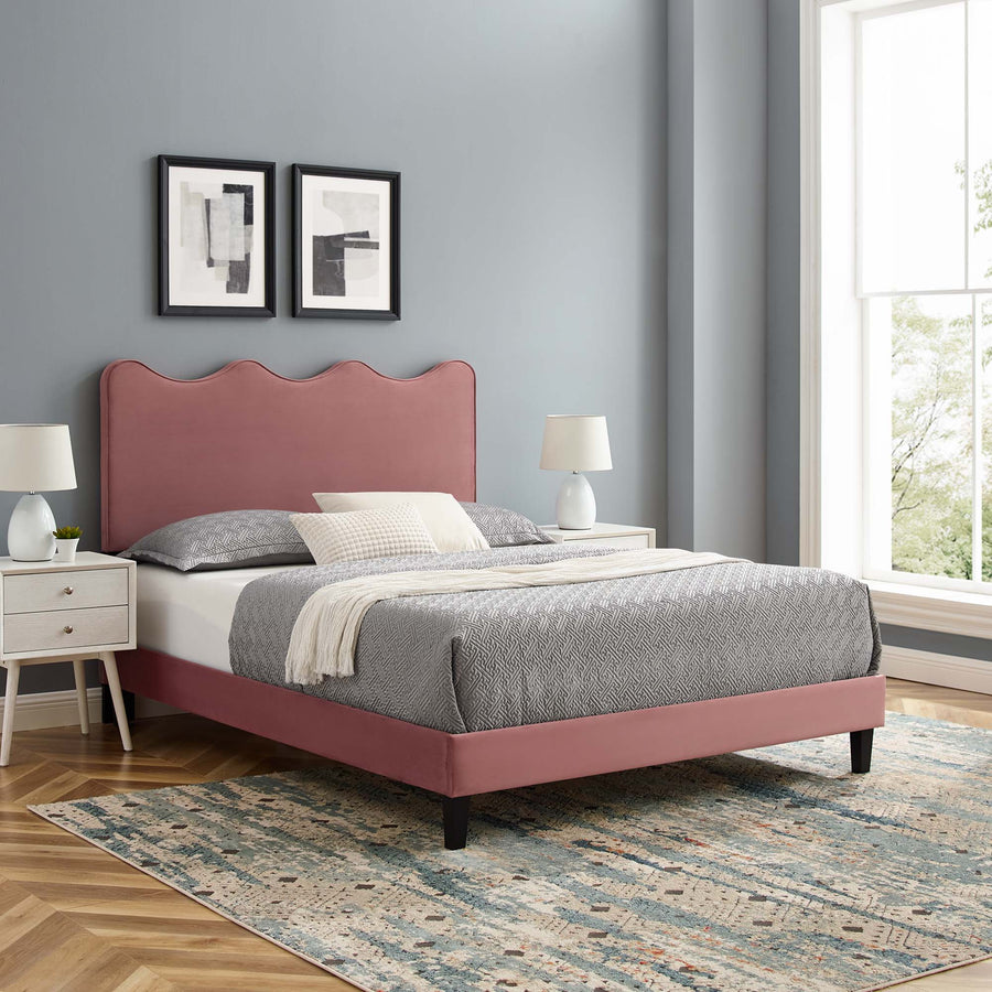 Vega Performance Velvet Queen Platform Bed in Dusty Rose