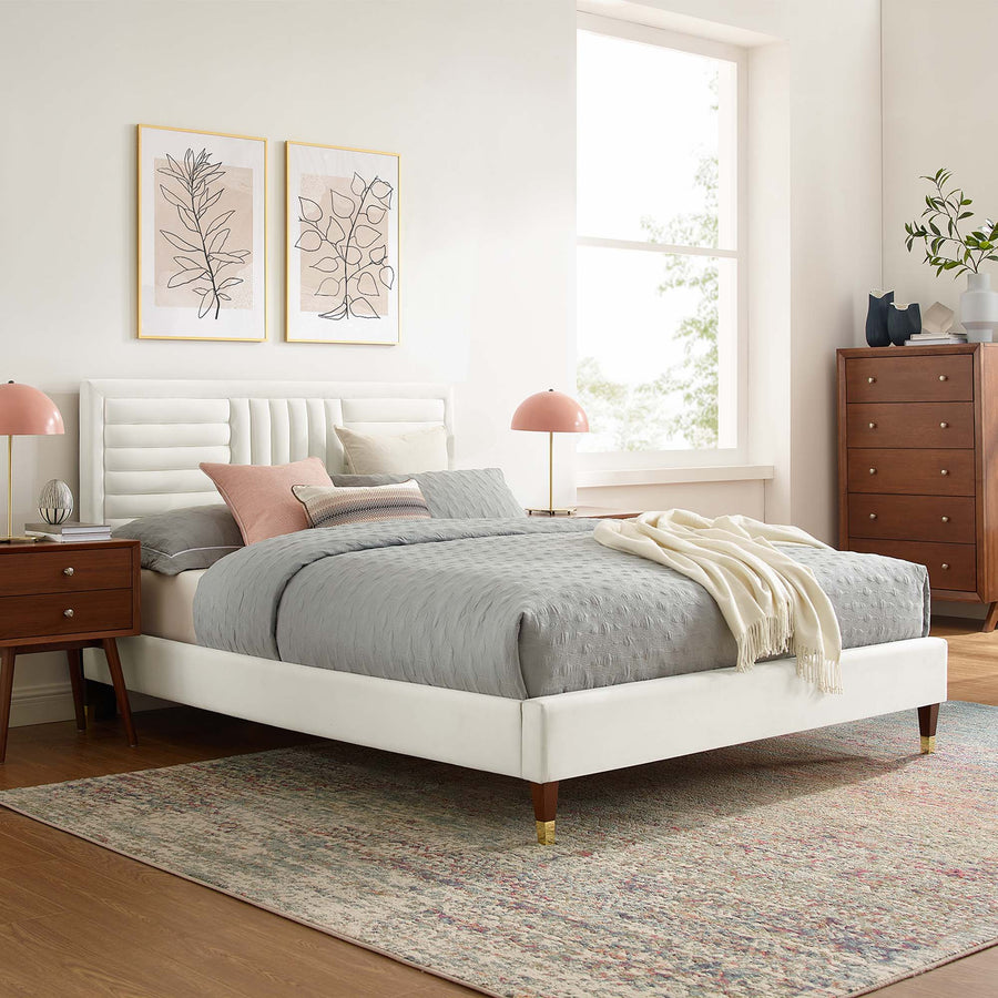 Cobalt Channel Tufted Performance Velvet Queen Platform Bed in White