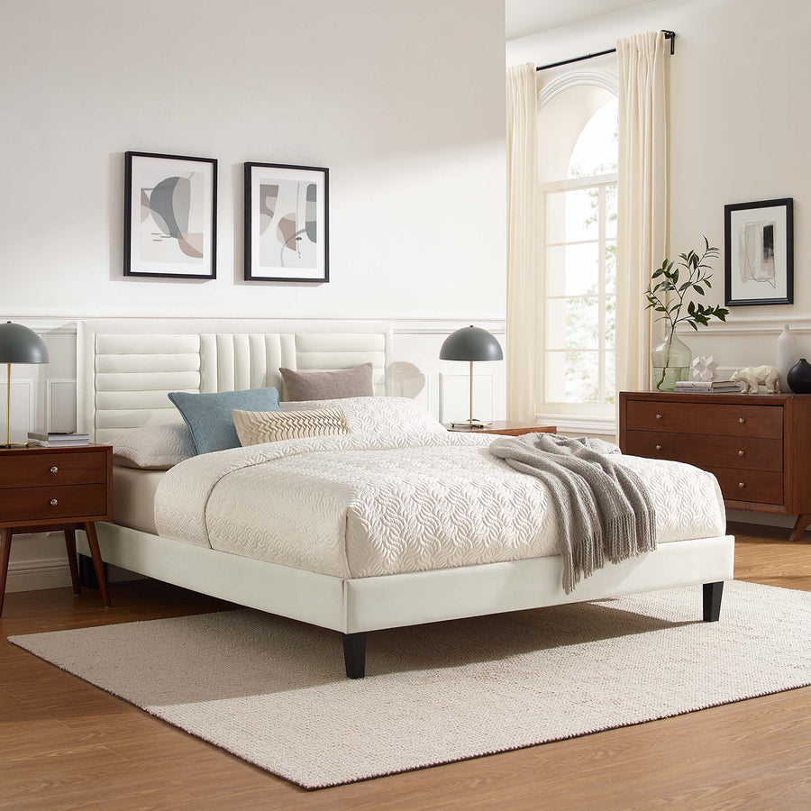 Cobalt Tapered Wood Leg Channel Tufted Performance Velvet Queen Platform Bed in White