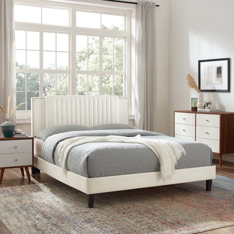 Orsa Tapered Wood Leg Channel Tufted Performance Velvet Twin Platform Bed in White