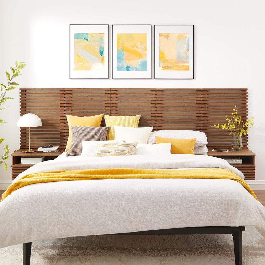 Vera Wall Mount Queen Headboard and Modern Nightstands in Walnut