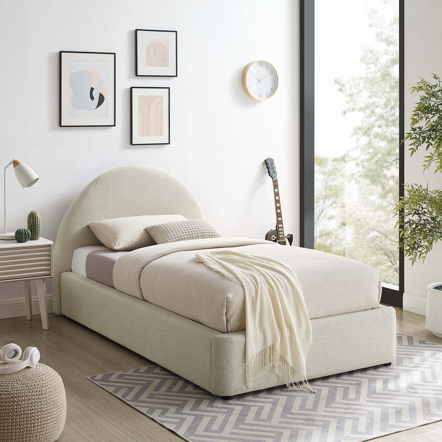 Quinn Upholstered Fabric Arched Round Twin Platform Bed in Heathered Weave Ivory