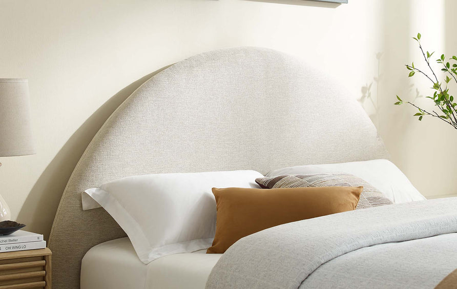 Quinn Upholstered Fabric Arched Round Full Platform Bed in Heathered Weave Ivory