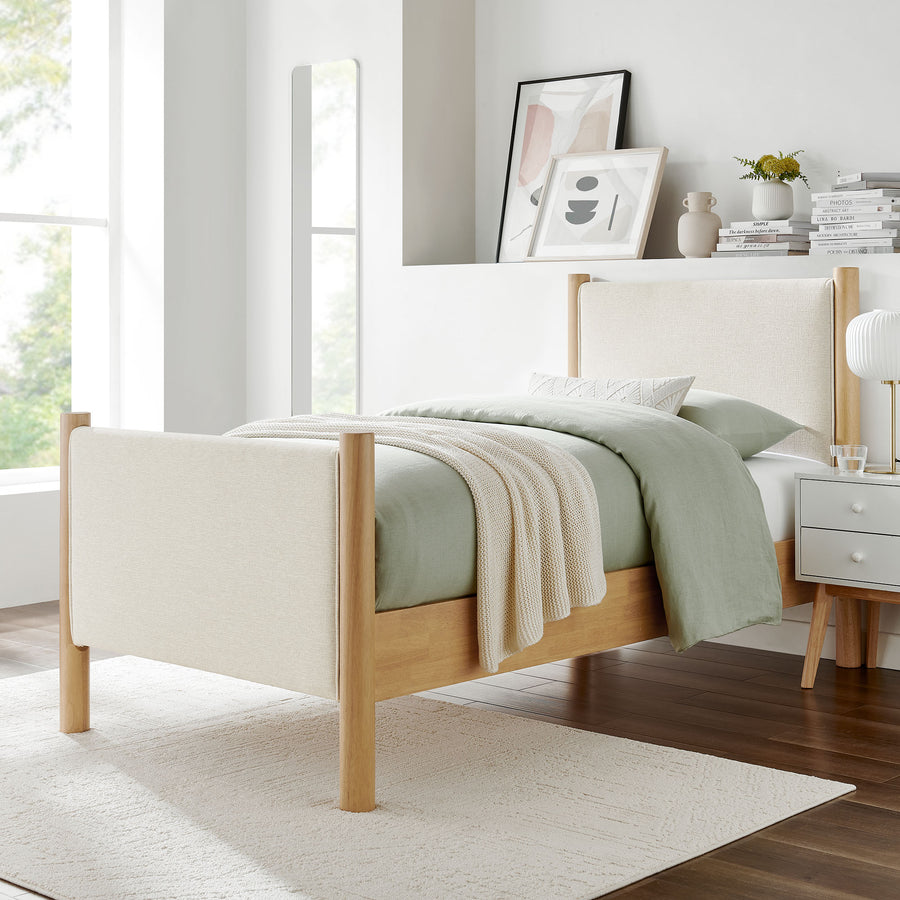 Dahlia Twin Size Fabric Upholstered Platform Bed in Ivory Oak