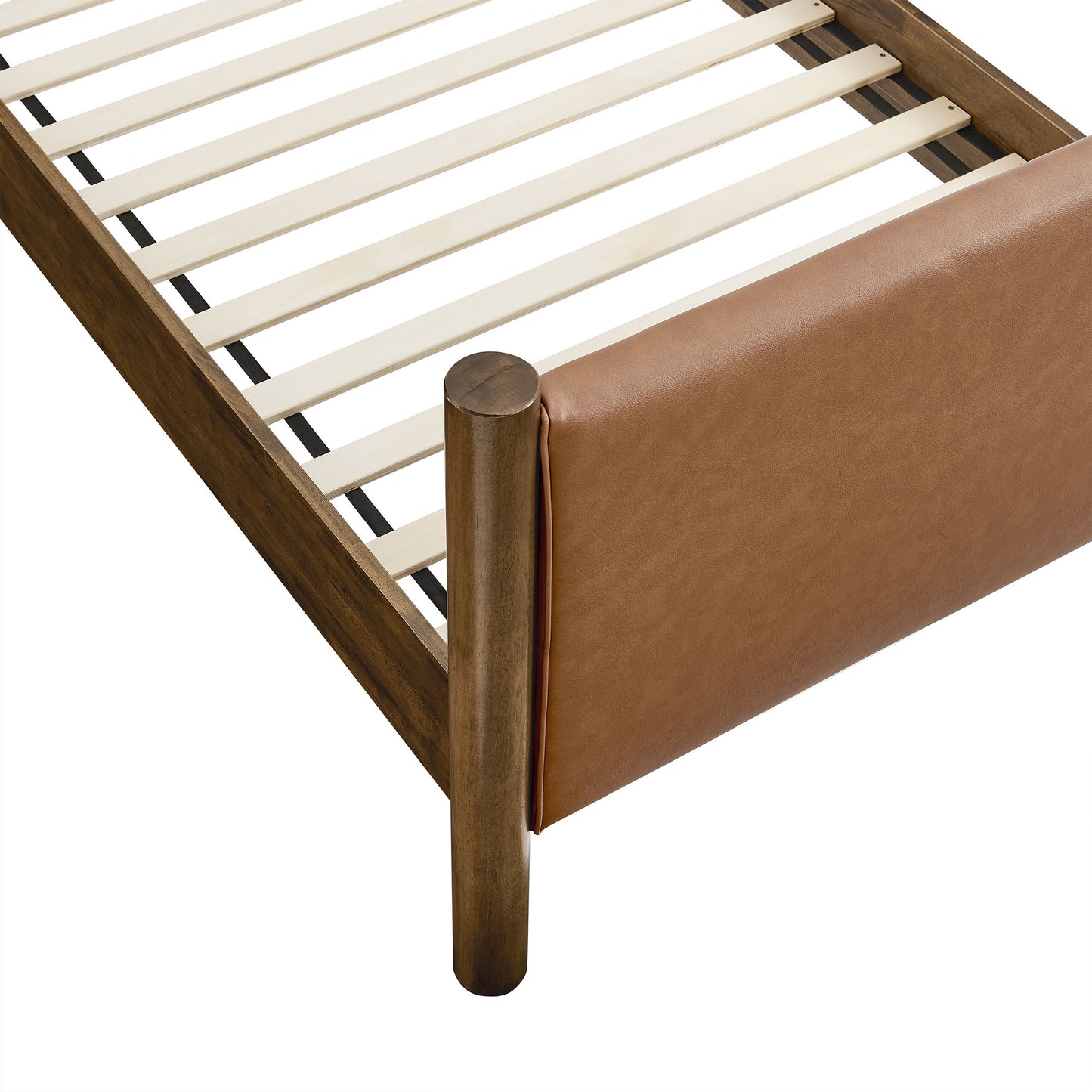 Dahlia Twin Size Vegan Leather Upholstered Platform Bed in Tan Walnut
