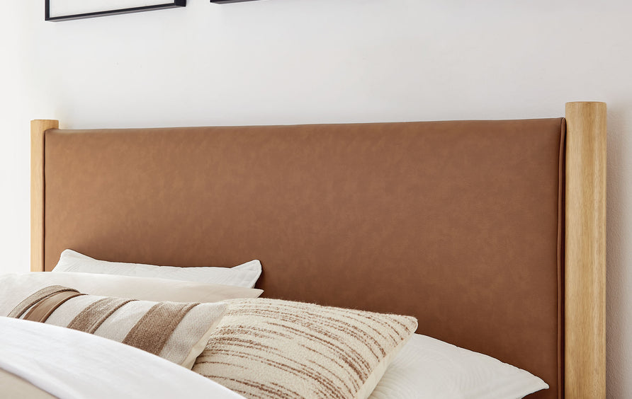 Dahlia Full Size Vegan Leather Upholstered Platform Bed in Tan Oak