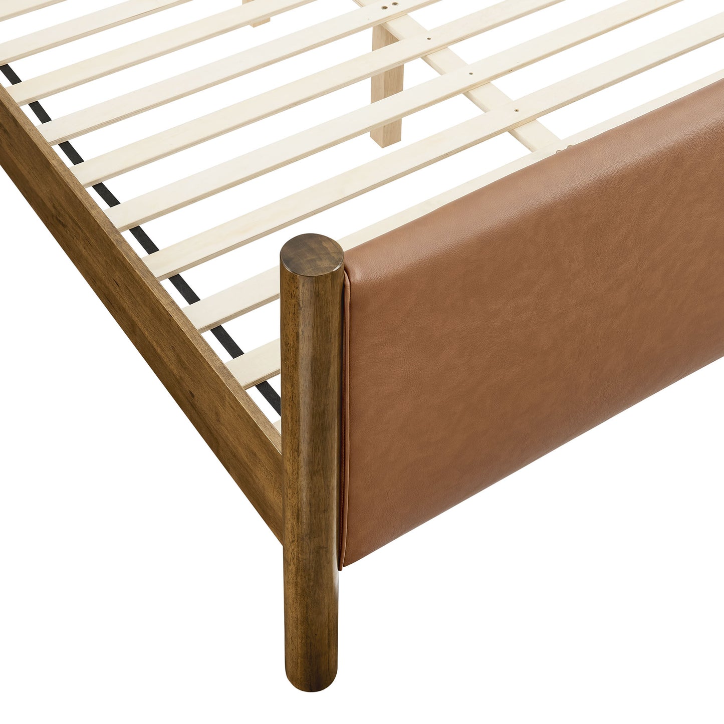 Dahlia Queen Size Vegan Leather Upholstered Platform Bed in Tan Walnut