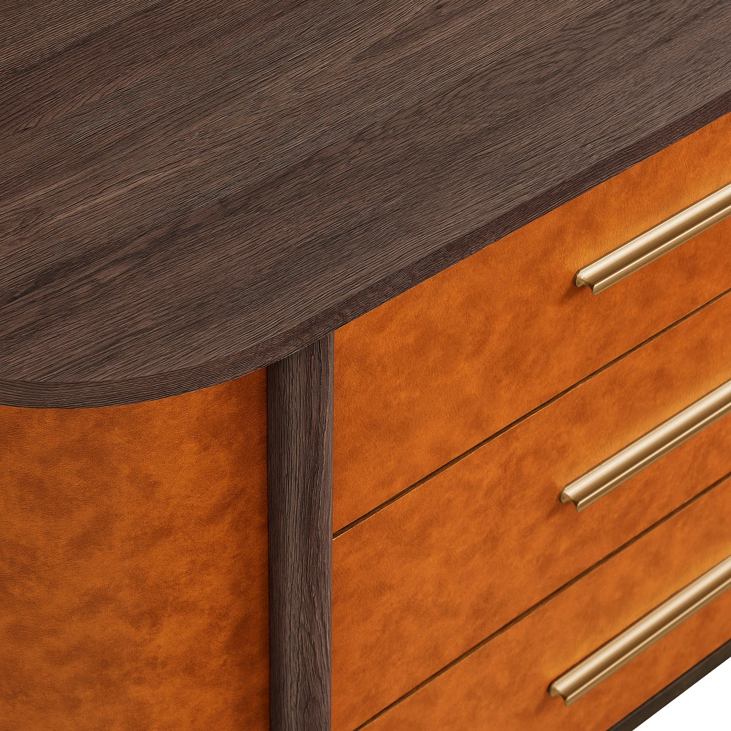 Verdant Curved 6-Drawer Vegan Leather Oval Dresser in Walnut Tan