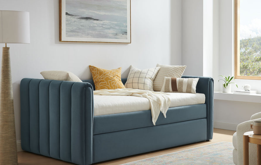 Kesia Channel Tufted Performance Velvet Twin Daybed With Trundle in Cadet Blue