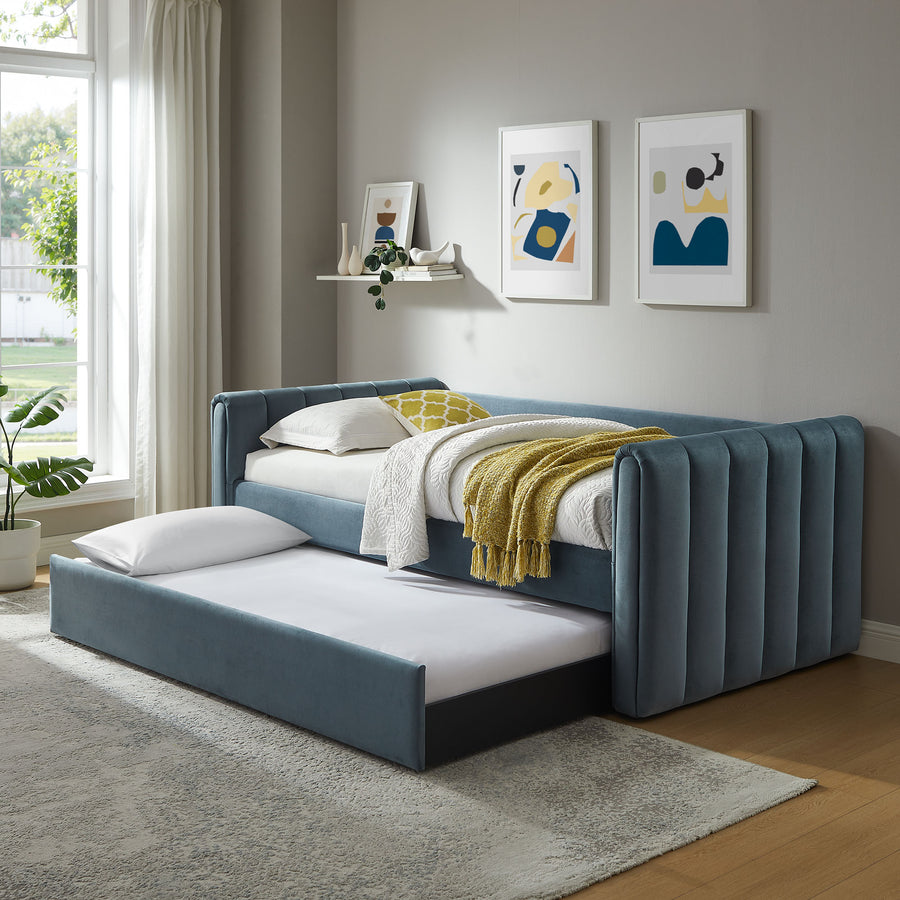Kesia Channel Tufted Performance Velvet Twin Daybed With Trundle in Cadet Blue