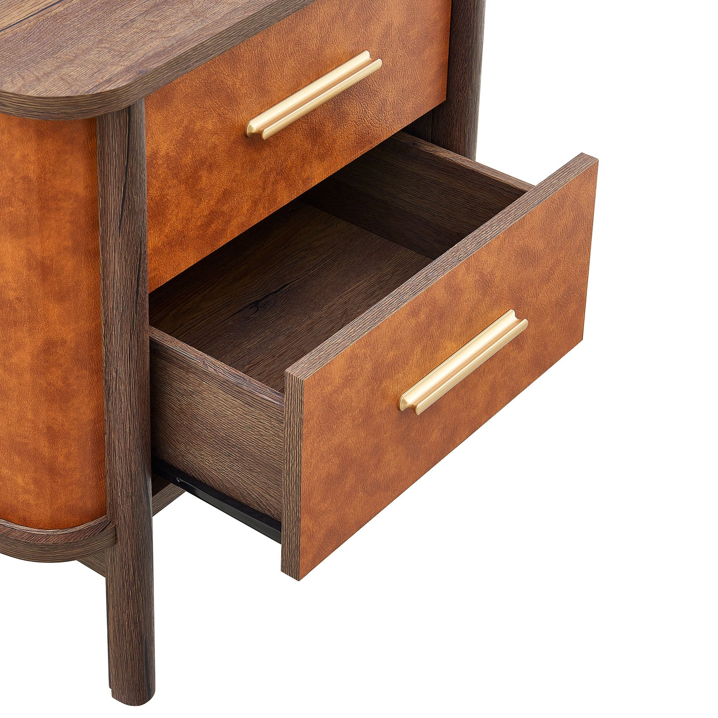 Verdant 2-Drawer Curved Vegan Leather Nightstand in Walnut Tan